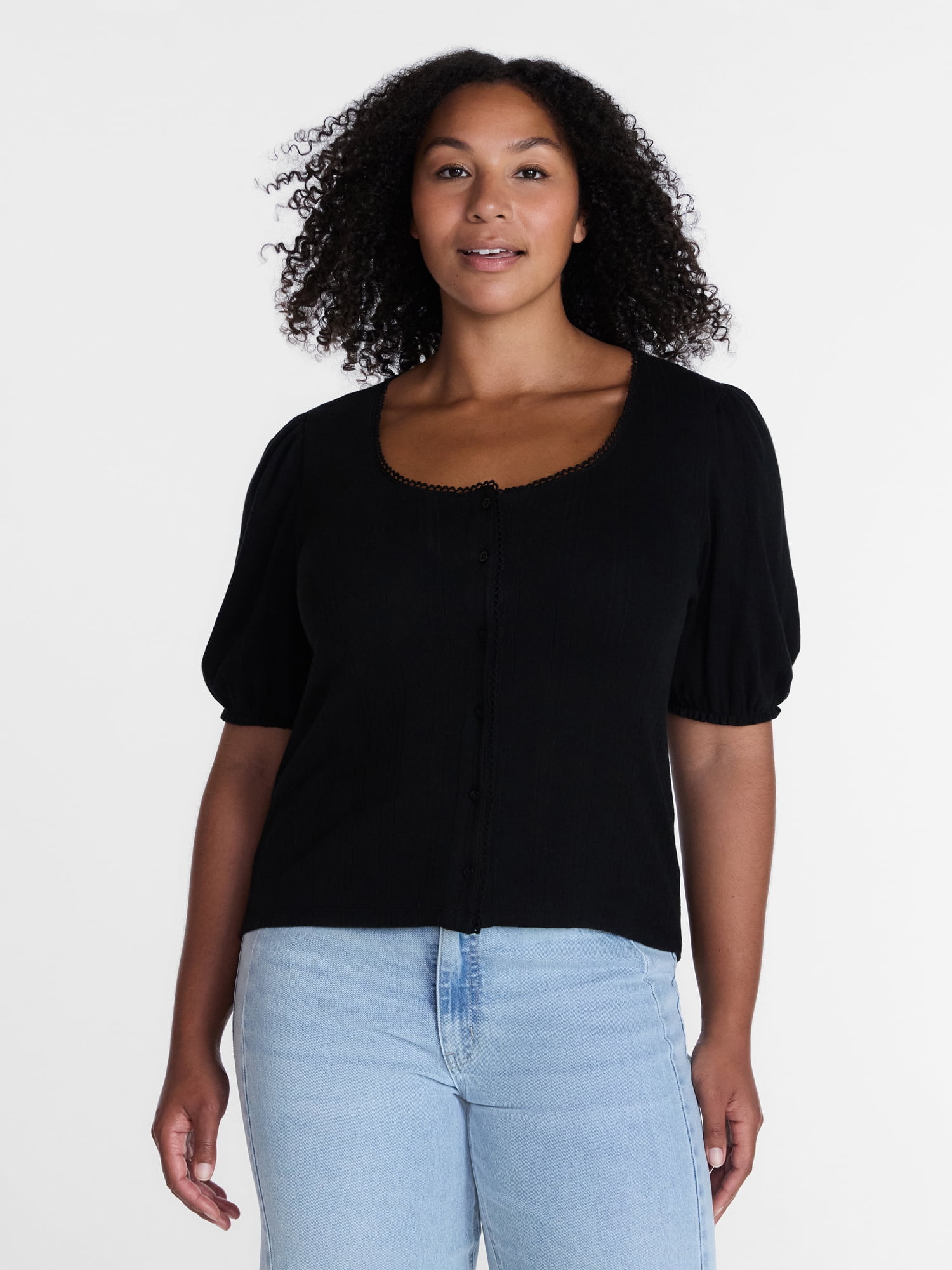 Time and Tru Women's Pointelle Top with Short Sleeves, Sizes XS-XXXL