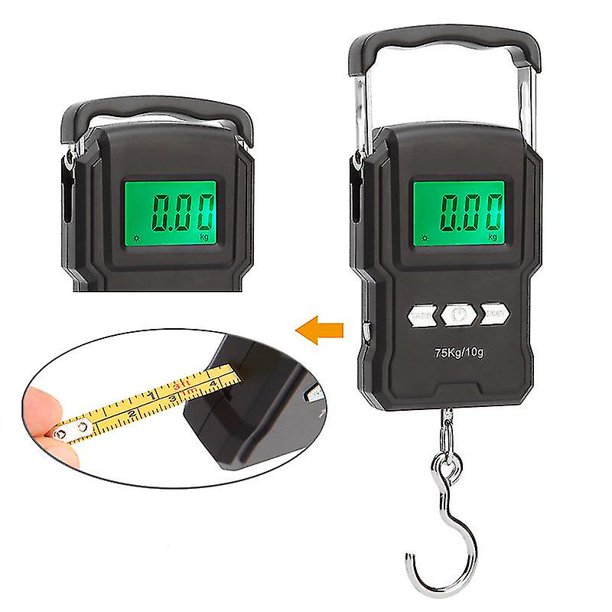 Báscula electrónica portátil, báscula digital para peces con retroiluminación LCD de 165 lb/75 kg, báscula colgante de gancho con regla de cinta métrica, negro, una pieza. Afortunado Sencillez