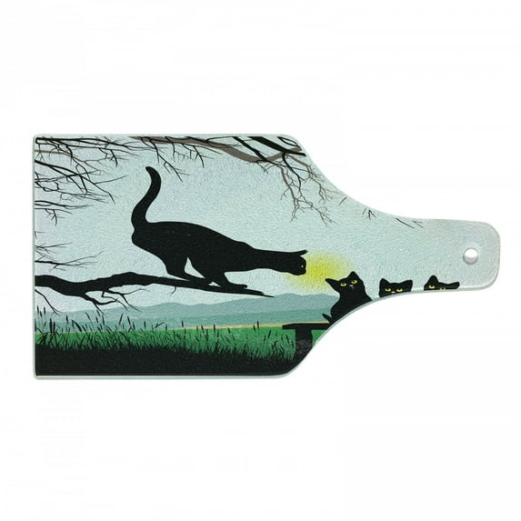 Cat Cutting Board, Mother Cat on Tree Branch and Kittens in Park Best Friends I Love My Kitty Graphic, Decorative Tempered Glass Cutting and Serving Board, Wine Bottle Shape, Multicolor, by Ambesonne