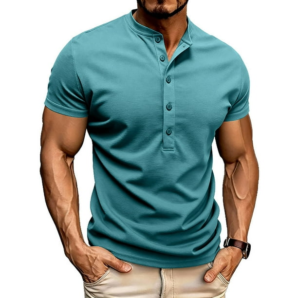 Tops para hombre, blusas y camisas de manga corta con cuello redondo para hombre, jersey informal de medio botón con cuello redondo y manga corta de color liso a la moda para hombre, top de poliéster