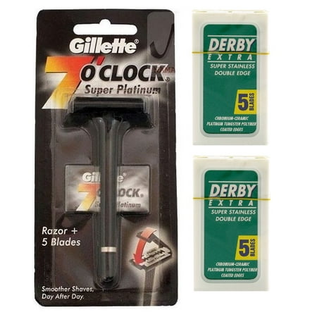 Gillette 7 O'Clock Super Platinum Safety Razor w/ 5 Blades + Derby Extra Double Edge Blades, 5 ct. (Pack of 2) + Schick Slim Twin ST for Sensitive
