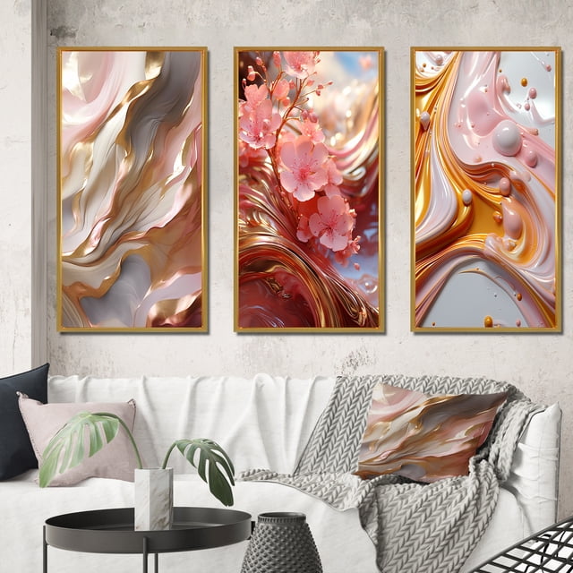 Designart "Gold Wave Serenity Liquid Artistry I" Abstract Shapes Framed Wall Art Set Of 3 - Gold Transitional Frame Gallery Set For Office Decor