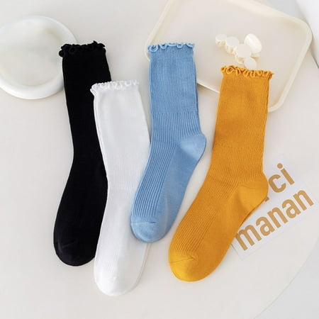 

Meidiya 1/4 Pair Women Cute Crew Socks Japanese Style Ribbed Solid Color Spring Autumn Women Kawaii Frilly Ruffle Mid-Tube Socks