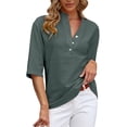 thumbnail image 6 of WTXUE Button-Up Shirts Elbow-Length, Notch Neck Shirts for Women's Button Down Shirts Cotton Linen Plus Size Shirts Linen Shirts Solid | Workwear for Women's Plus Green S, 6 of 8