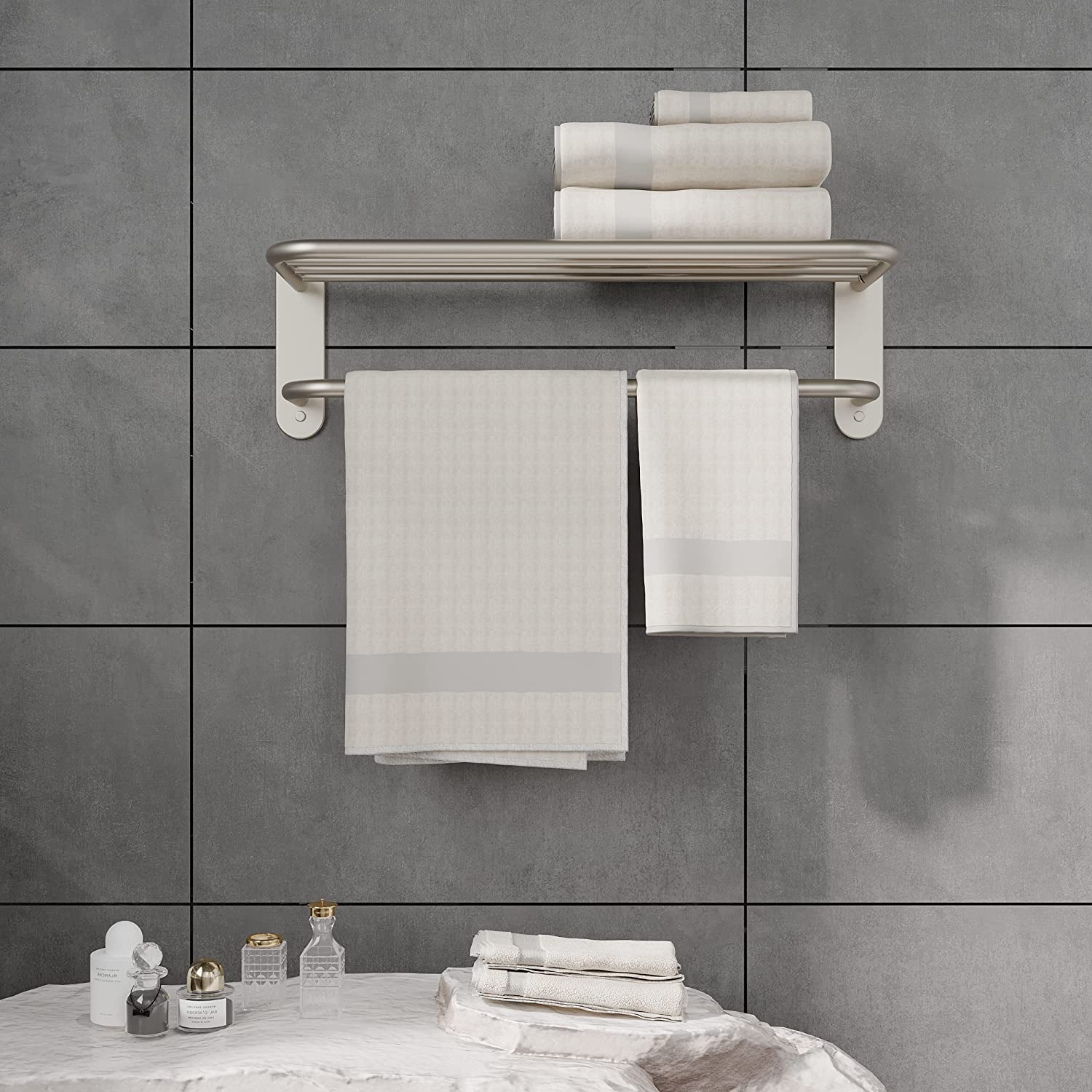 18'' Bathroom Wall Mount Towel Rack Shelf with a Towel Bar, Brushed Nickel,  by Fixsen