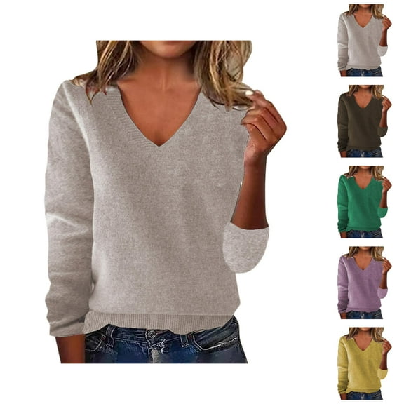 Sweaters for Women 2025 Fall Winter Long Sleeve V-Neck Loose Knit Sweater Jumper Tops Womens Pullover Sweaters