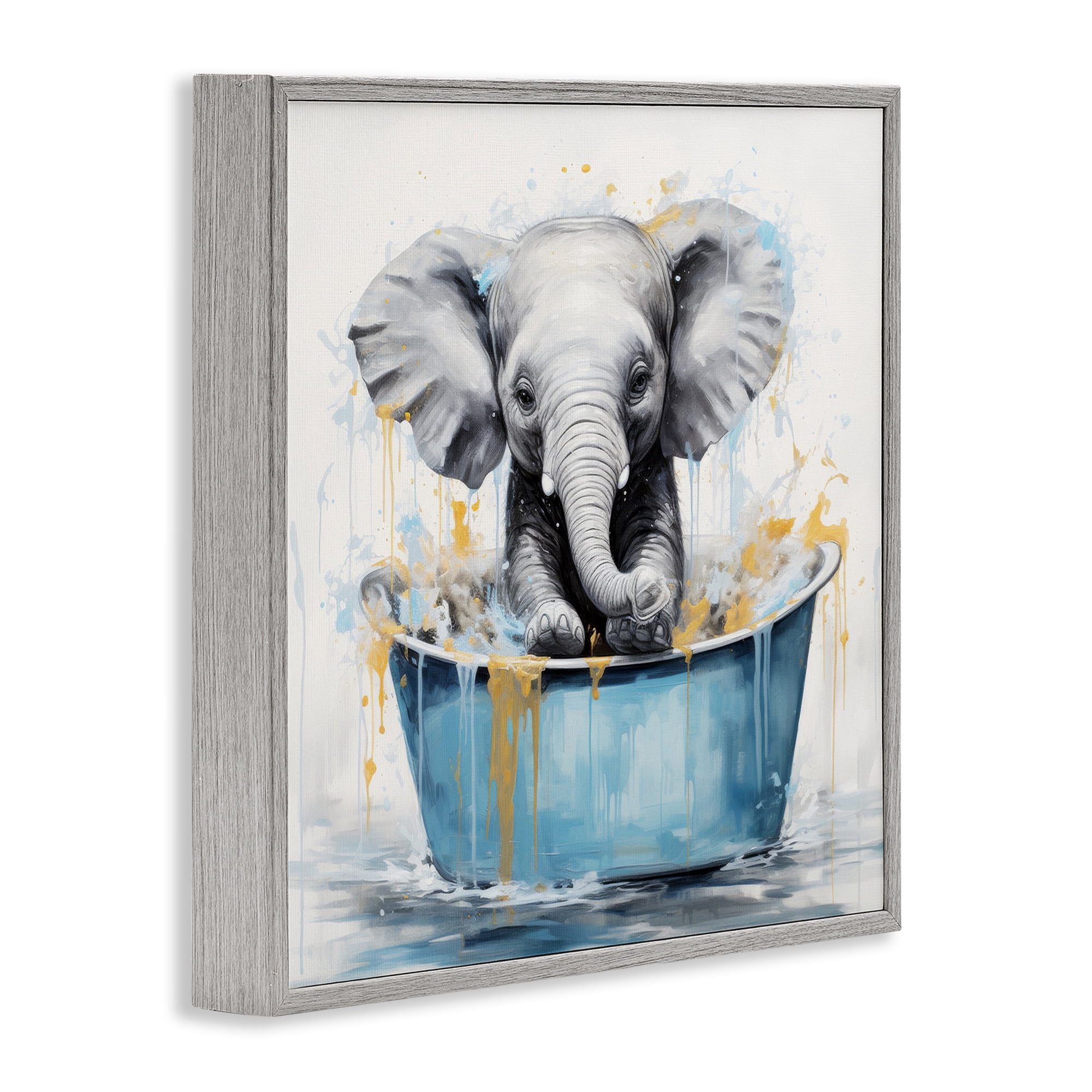 Stupell Industries Bathing Baby Elephant Typography Painting Gray Framed Art Print Wall Art, 17 x 17