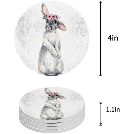 

KXMDXA Cute Bunny Wearing a Wreath Watercolor Style Set of 6 Round Coaster for Drinks Absorbent Ceramic Stone Coasters Cup Mat with Cork Base for Home Kitchen Room Coffee Table Bar Decor