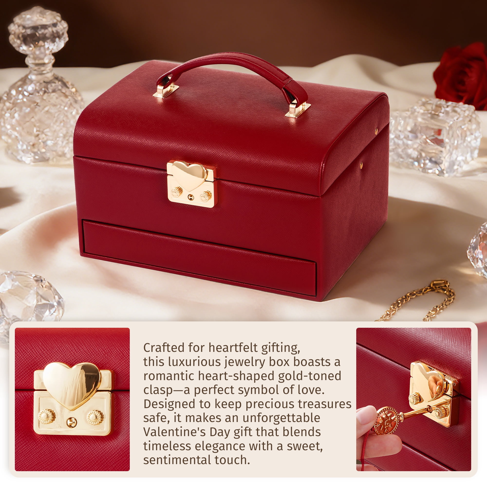 Casegrace Heart Shaped Lock Jewelry Box With Sync Open/Close Drawer, Multi-Layer Storage Case, Built-in Mirror, Portable Jewelry Organizer for Women Rings, Earrings, Necklaces, Valentine’s Day Gift