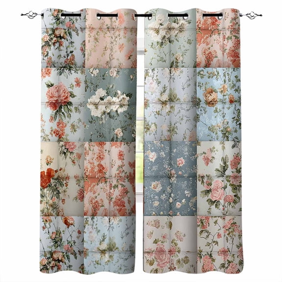 Elegant Spring Floral Blackout Curtains 45 Inches Long for Bedroom, Summer Botanical Plaid Farmhouse Thermal Insulated Room Darkening Black Out Window Curtain Panels Grommet Drapes for Living Room