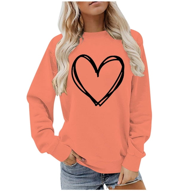 BLVB Chandail à Col Rond pour Femmes, Imprimé de Cœur, Manches Longues, Mignon, Coupe Ample, Léger, Hauts d'Automne, Cadeaux de la Saint-Valentin