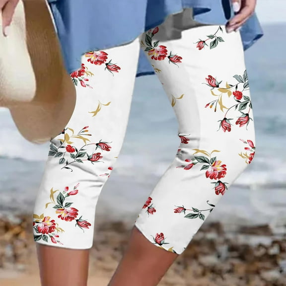LEBONYARD Spandex Capri Leggings Womens Plus Size,Capris for Women Dressy summer saving,Womens Athletic Cropped Pants Floral Printing Casual Elastic Waist Beach Pants Multicolor S