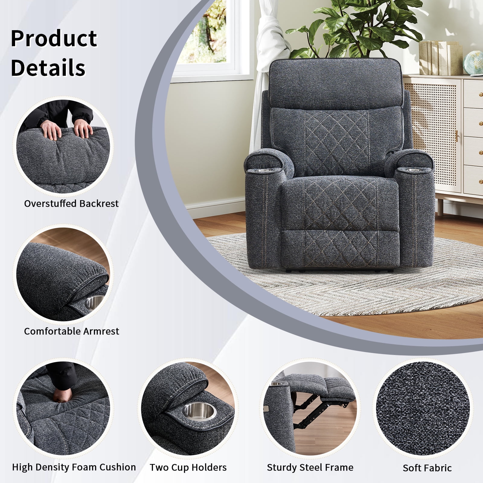 Bonzy Home Power Recliner Chair — Electric Fabric Recliner with Cup Holders & USB-C Charging Ports, Diamond Grid Upholstery, Grey