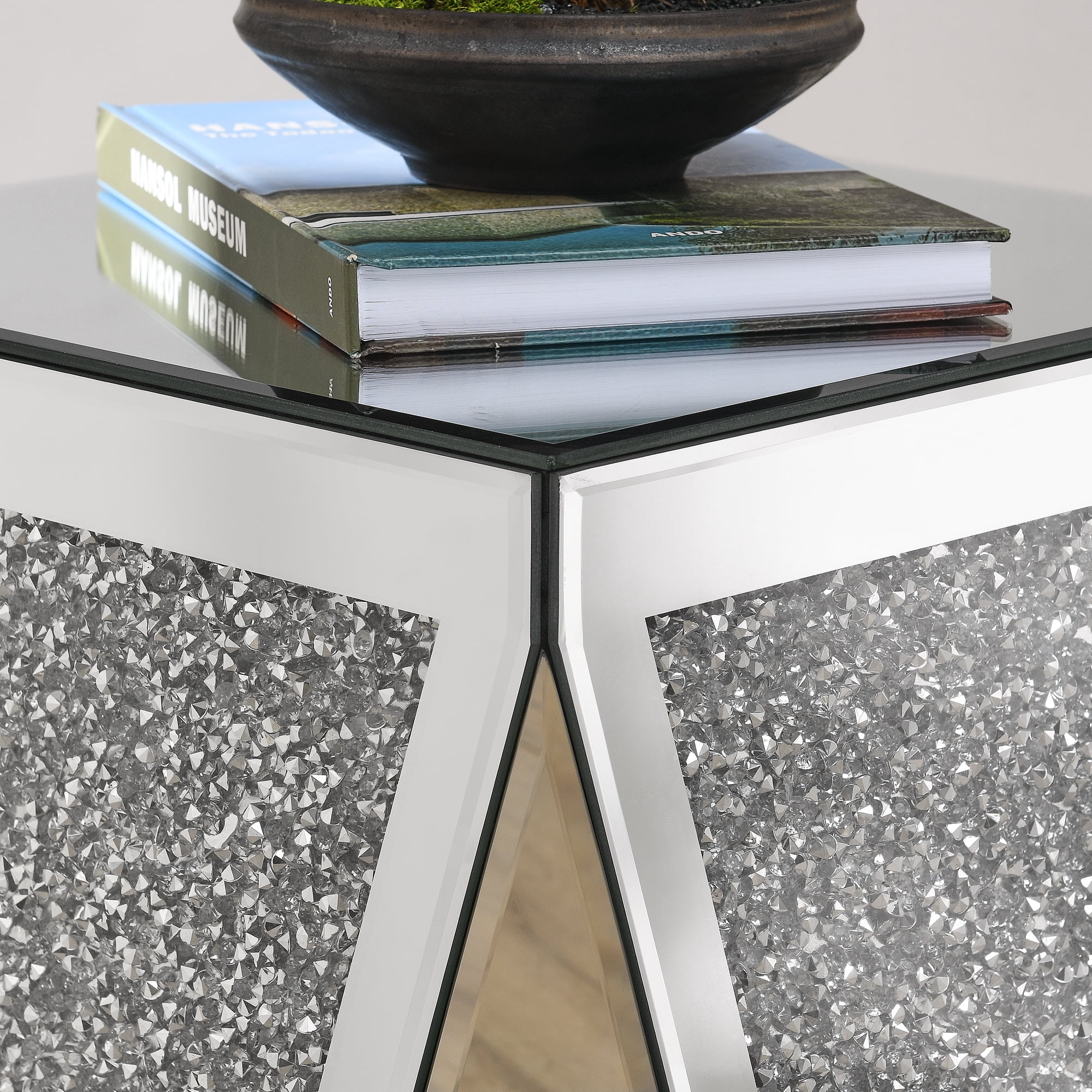Inverted Triangular Mirror Square End Table, Silver Side Table with Crystal Diamond Inlaid, Glass Table for Corridors, Living Rooms, Bedrooms, Sofas