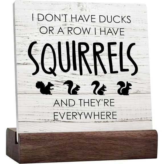 Funny I Do Not Have Ducks Or A Row I Have Squirrels And They're Everywhere Ceramic Table Sign Desk Decor, Humorous Wooden Sign Decorations For Farmhouse Home Office Wall Tabletop Shelf Decor