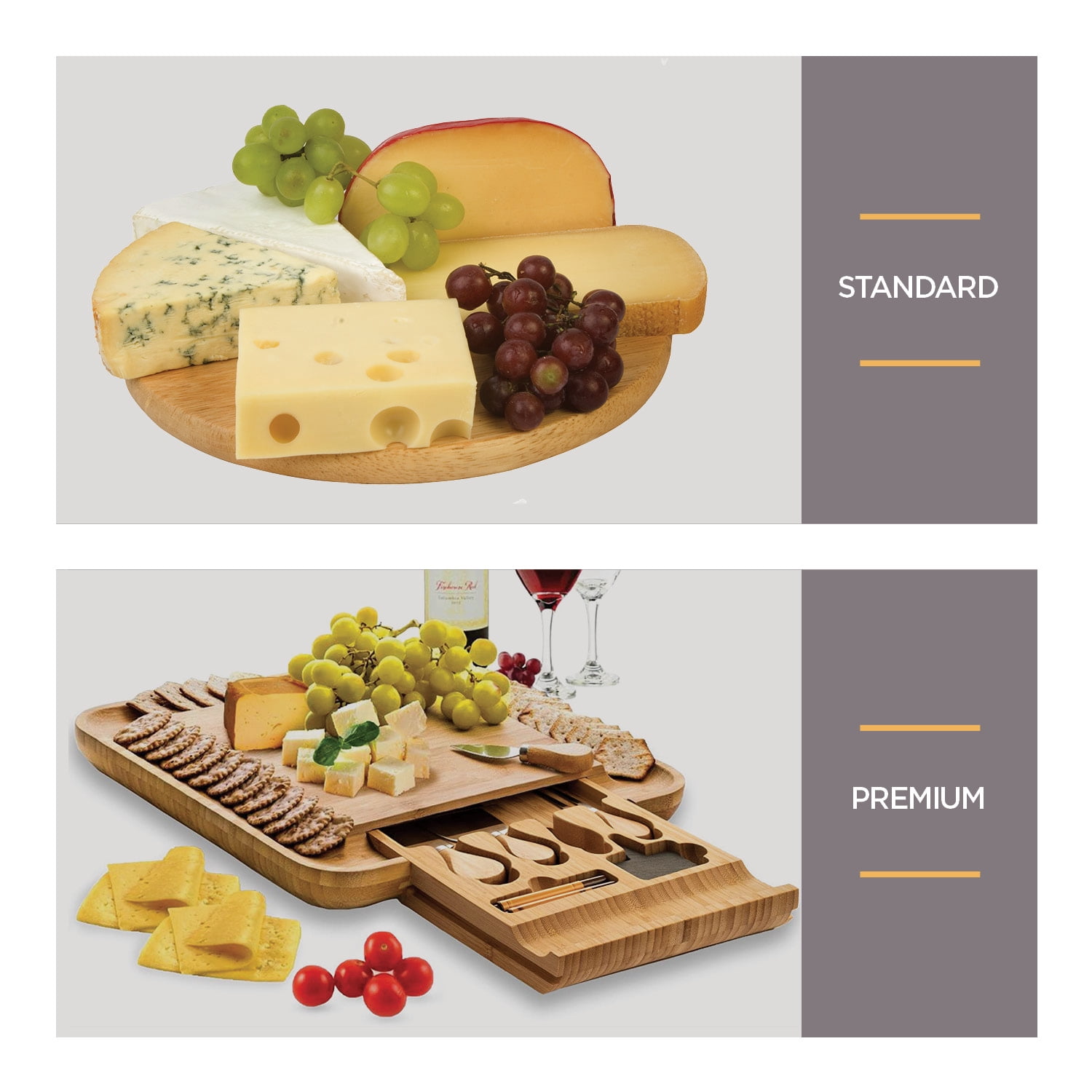 Bambusi Bamboo Cheese Board with Cutlery Set, Includes 4 Stainless Steel Serving Utensils, 3 Labels & 2 Chalk Markers