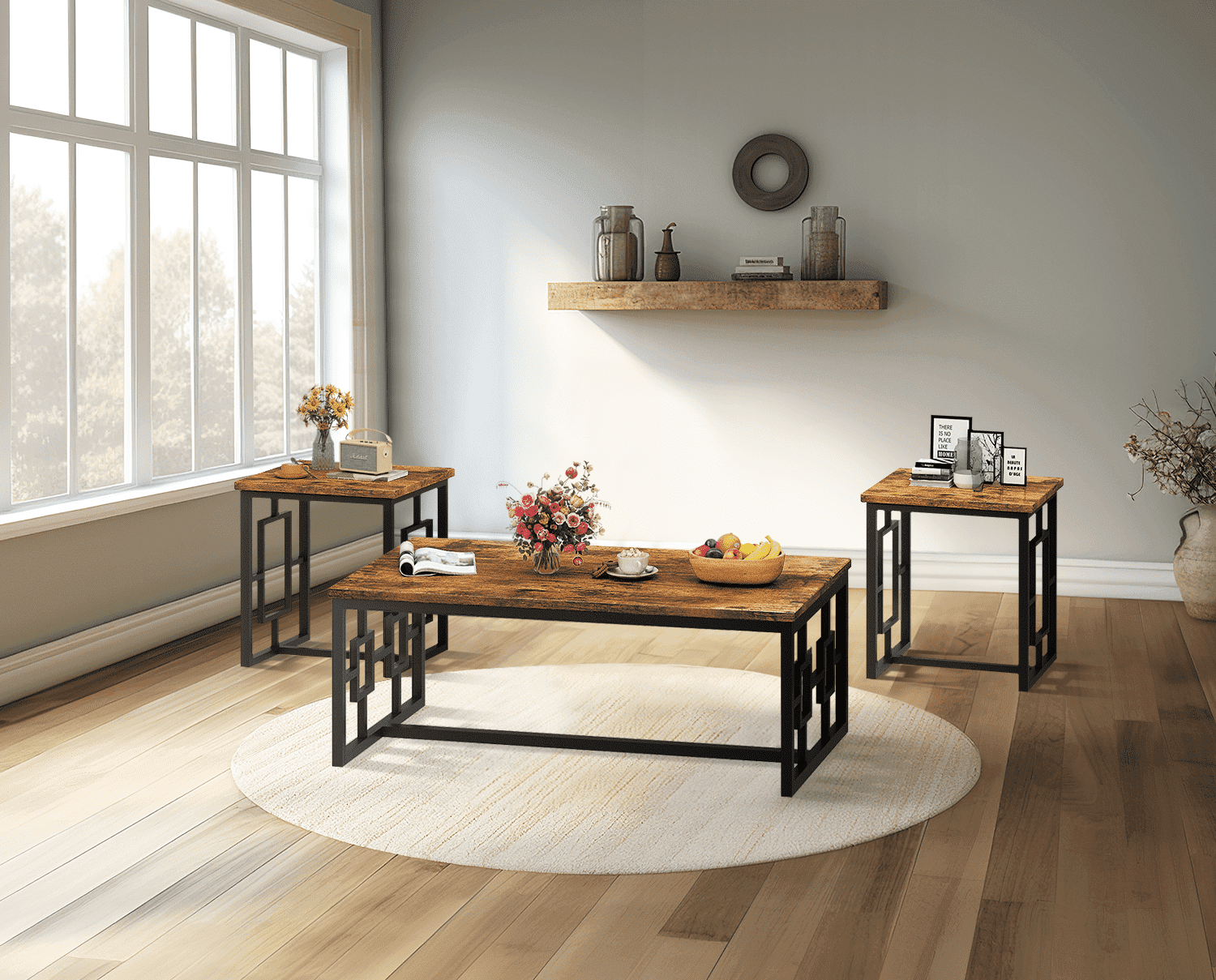 Recaceik Square Hollow 3 Piece Living Room Wooden Coffee Table Set, Two End Slides Rustic Brown