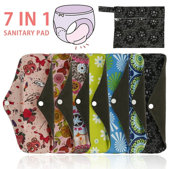 7Pcs Sanitary Pad, Reusable Menstrual Pads Bamboo Cloth Pads for Heavy Flow with Wet Bag, Large Sanitary Pads Set with Wings for Women, Washable Overnight Cloth Panty Liners Period Pads