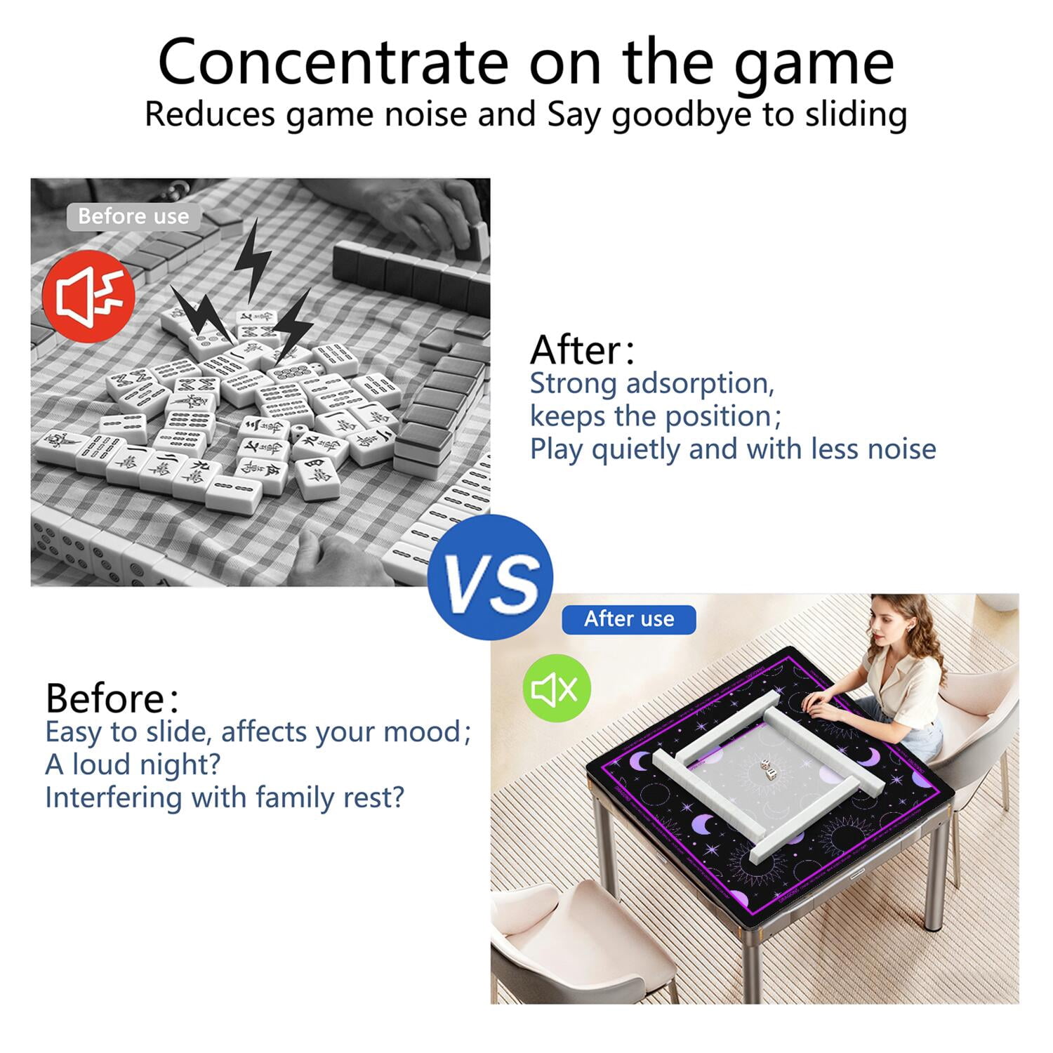 Purple Mahjong Mat with Rules, 31.5*31.5in Anti Slip American Mahjong Mat for Table, Noise Reduction, Neoprene Mah jongg Mats with Carrying Bag & 3 Dices, Mahjong Set Gift, Board Tile Games Mats