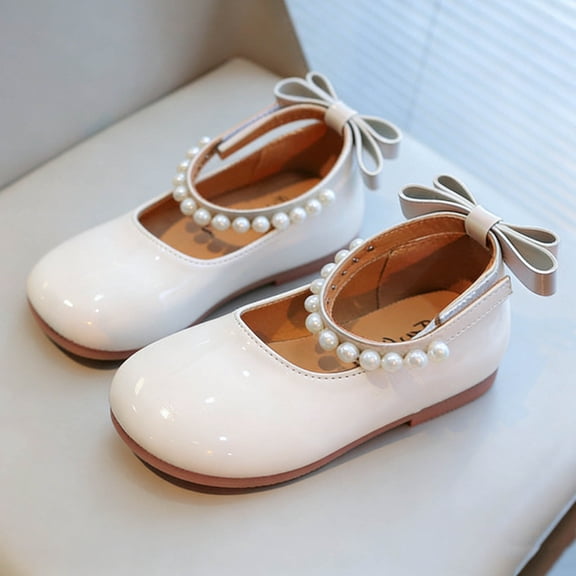 Girls White Patent Faux Leather Bow Mary Janes - Kids Little Kid Pearl Dress Shoes Non-Slip,Size 13.5M