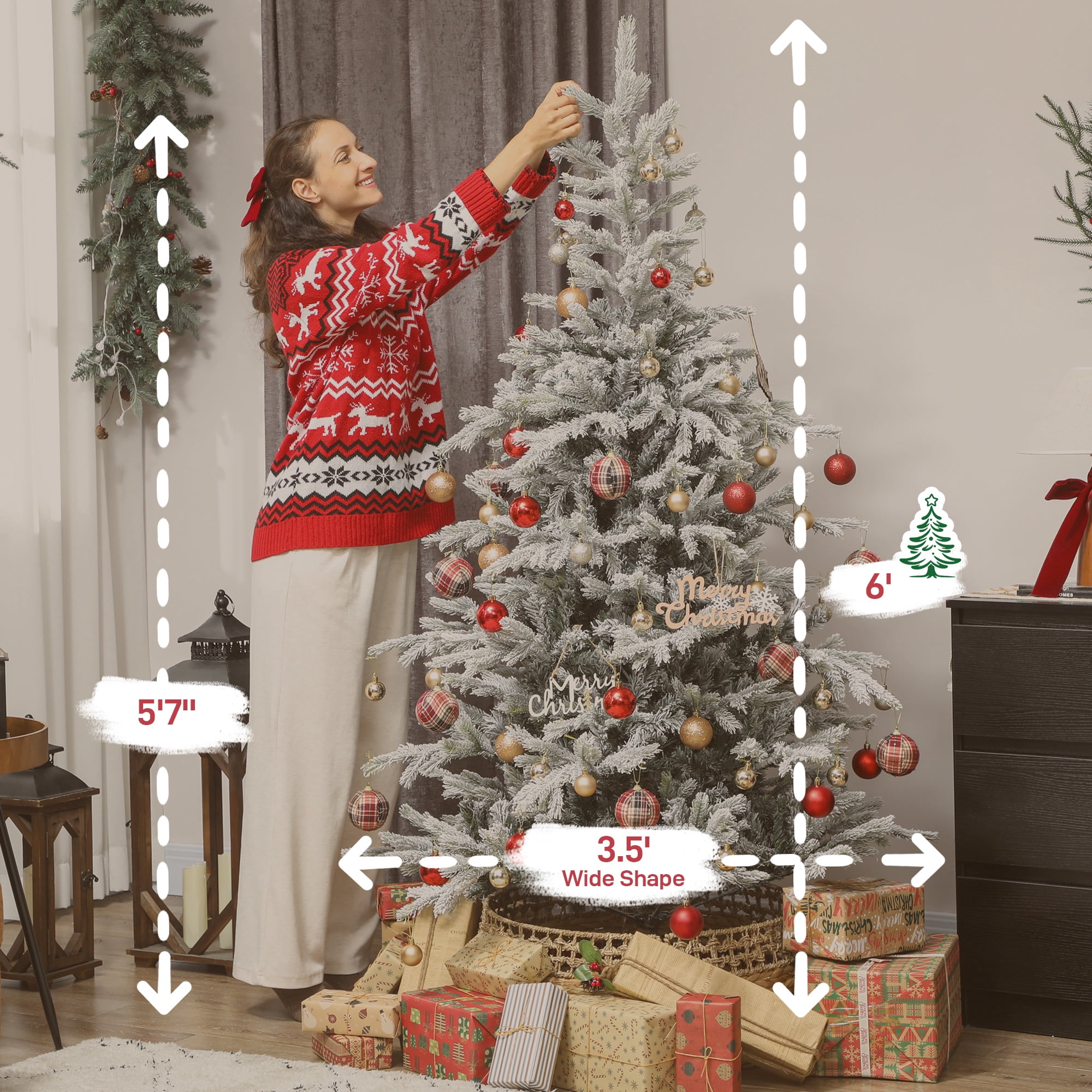Astoutdoor Christmas Tree, Full Spruce with Flocked Branches, 90.2 in Height, Green and White, Plastic and Metal