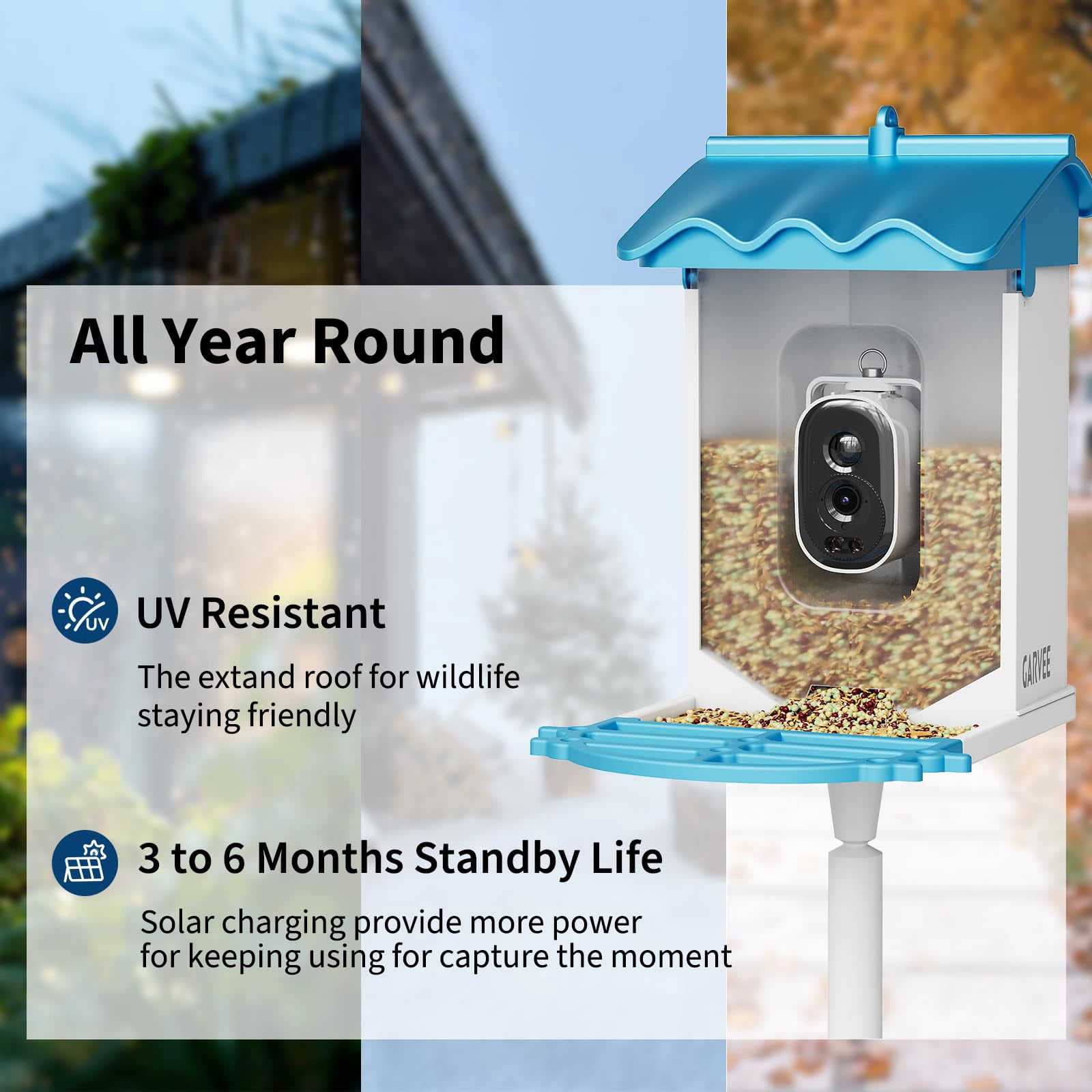 Solar Smart 4K Bird Feeder with AI Recognition - 2L Capacity with Night Vision & Auto Photo/Video Capture, Squirrel Deterrent & App Alerts for Bird Watching, Blue