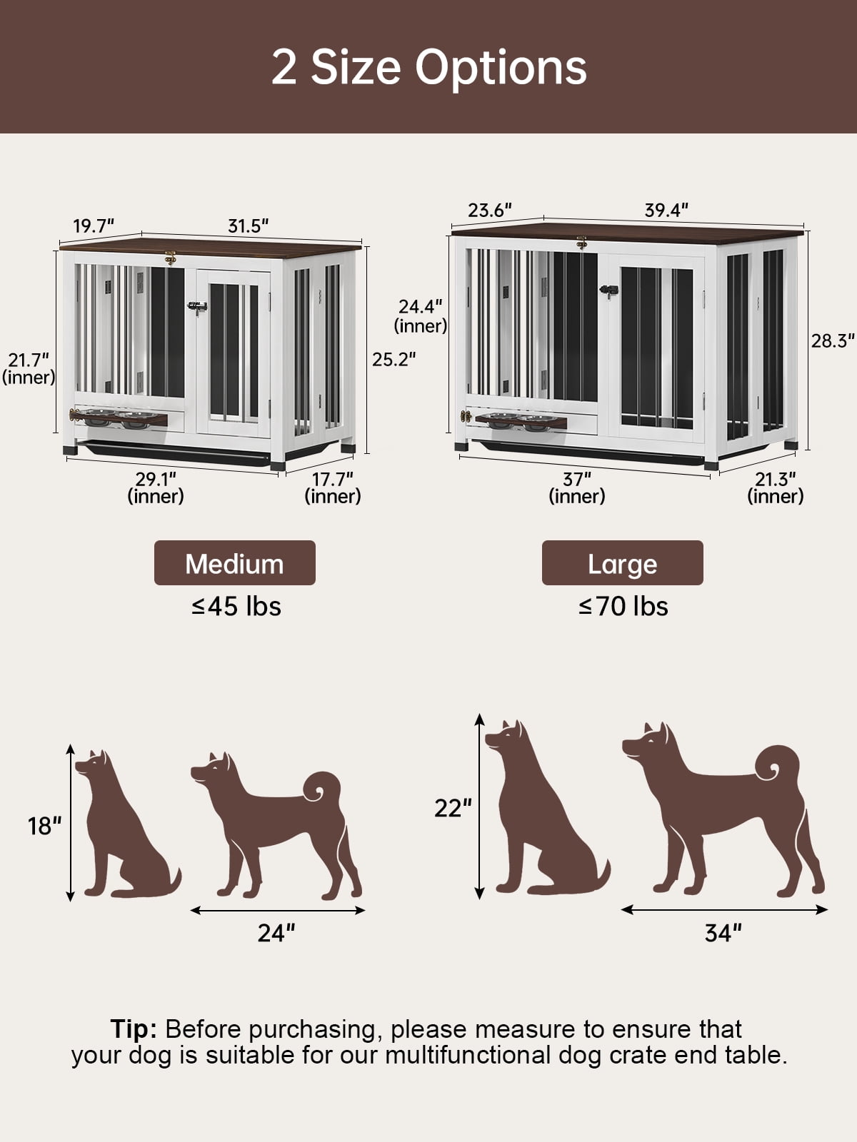 39.4"  Collapsible Dog Crate Furniture - Indoor Wooden Kennel with 360° Rotating Feeder & Removable Tray | Sturdy End Table for Medium & Large Dogs | Easy Assembly, Pet Cage for Living Room