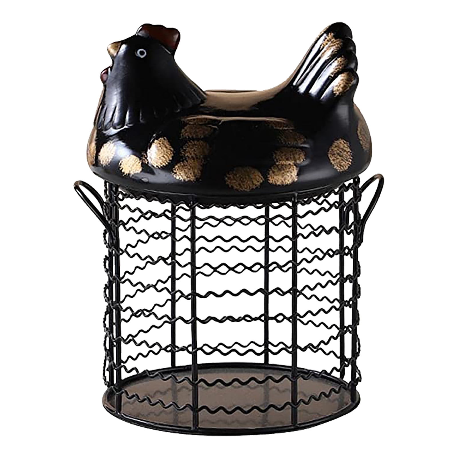 Huayishang Storage Box, Kitchen Essentials Clearance Sale Colorful Design Eggs Basket Ceramic Chicken Shaped Lid Round Wire Basket Bottom Handle Metal Wire Eggs Storage Basket With