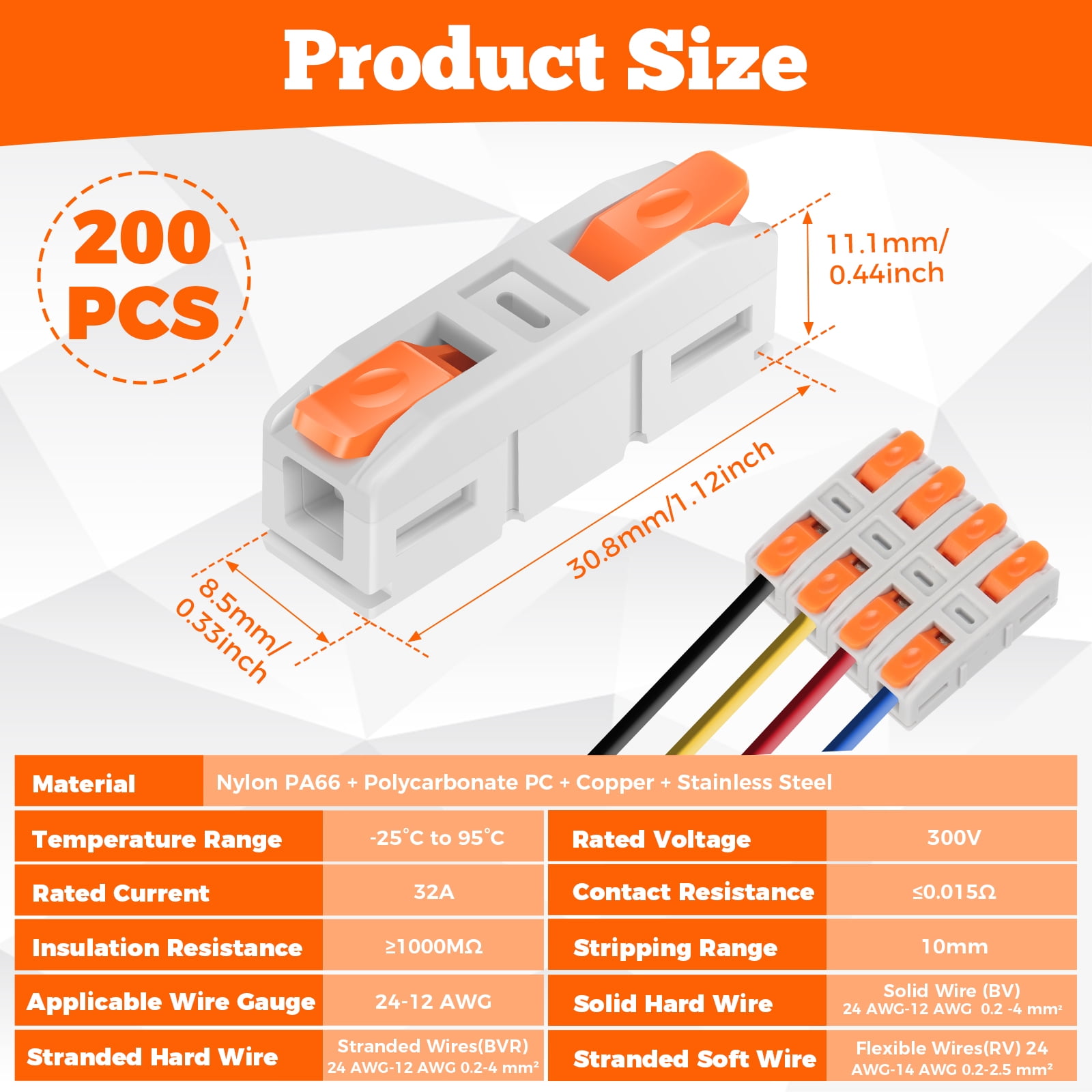 Tmwefusc 200Pcs Lever Wire Connectors Kit for 24-12AWG Quick Connect Inline Electrical Wiring Terminal for Home Lighting Sockets