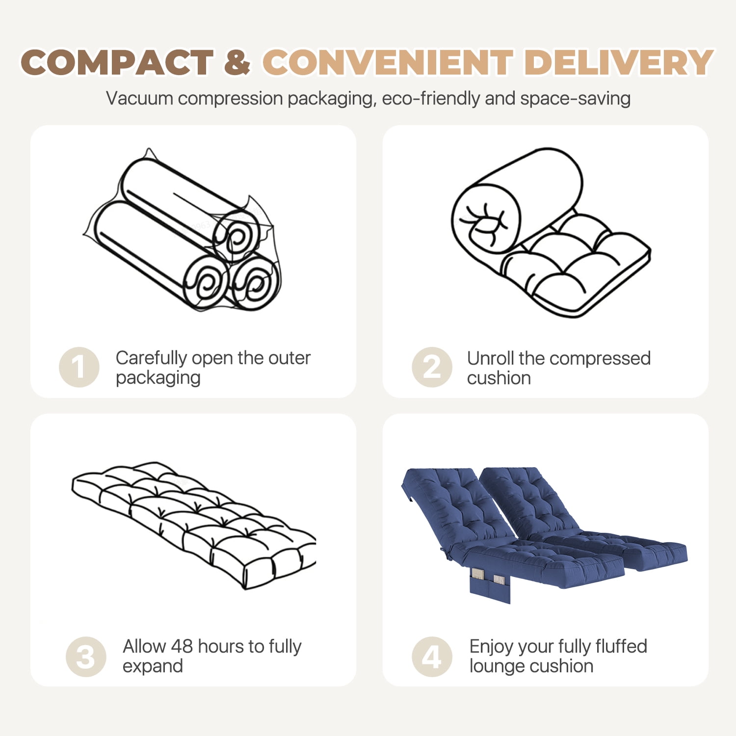 BaPiPro Navy Blue 2-Pack Outdoor Chaise Lounge Cushion with Side Pocket, Triple Non-Slip Fixation, All-Weather Durable & Soft Fabric, Thickened Padding, Ideal for Patio and Poolside Use