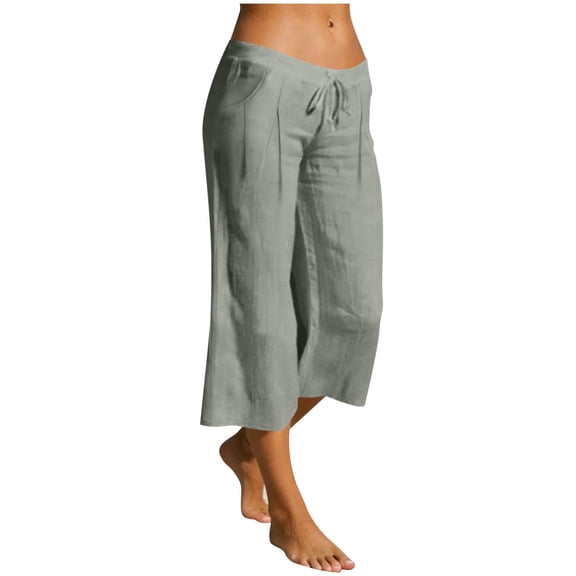 Pants for Women Low Rise Wide Leg Linen Capris Casual Summer Beach Resort Wear Cropped Lounge Pant