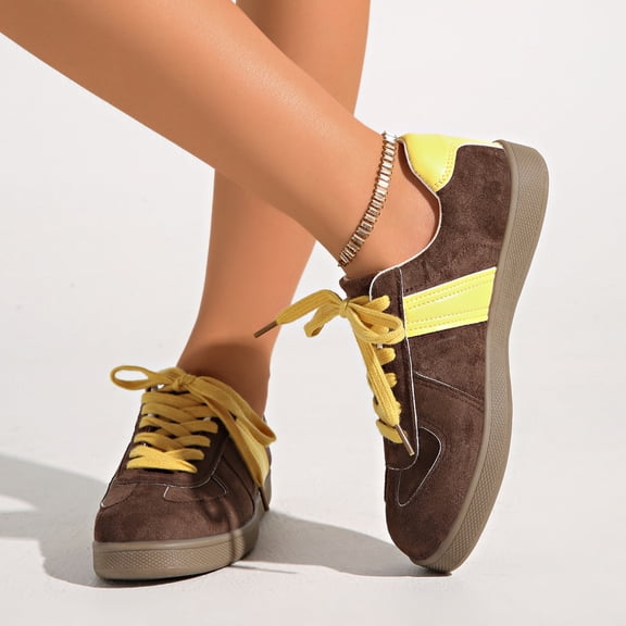 Domuza Women's Retro Suede Low Top Sneakers, Color Block Stripe Lace Up Casual Walking Shoes, Classic Comfort Fashion Sneakers for Daily Outdoor Wear Yellow 8.5(EU-41)