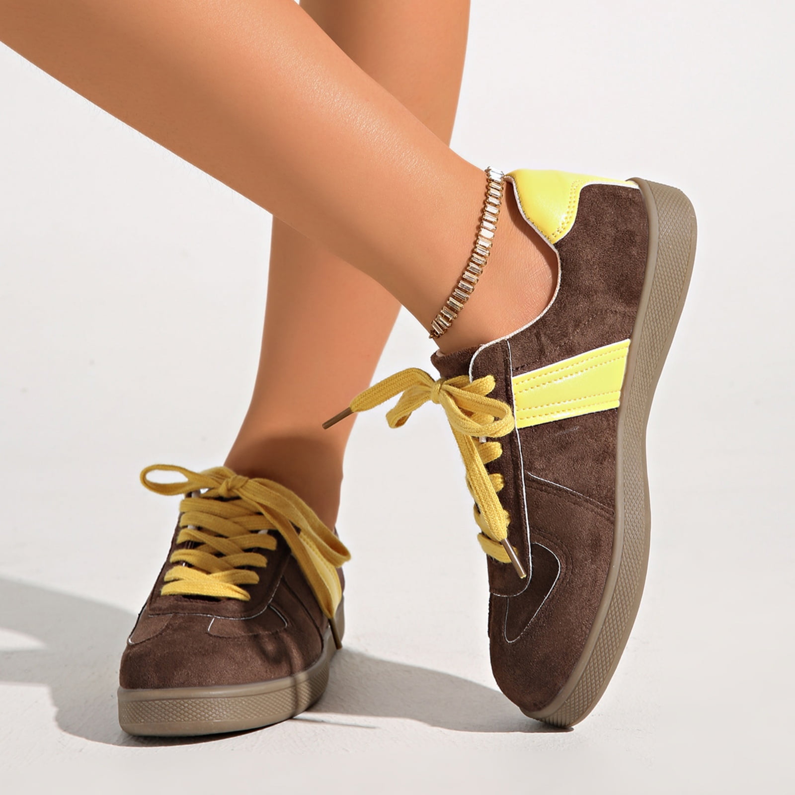 Domuza Women's Retro Suede Low Top Sneakers, Color Block Stripe Lace Up Casual Walking Shoes, Classic Comfort Fashion Sneakers for Daily Outdoor Wear Yellow 9（EU-42）