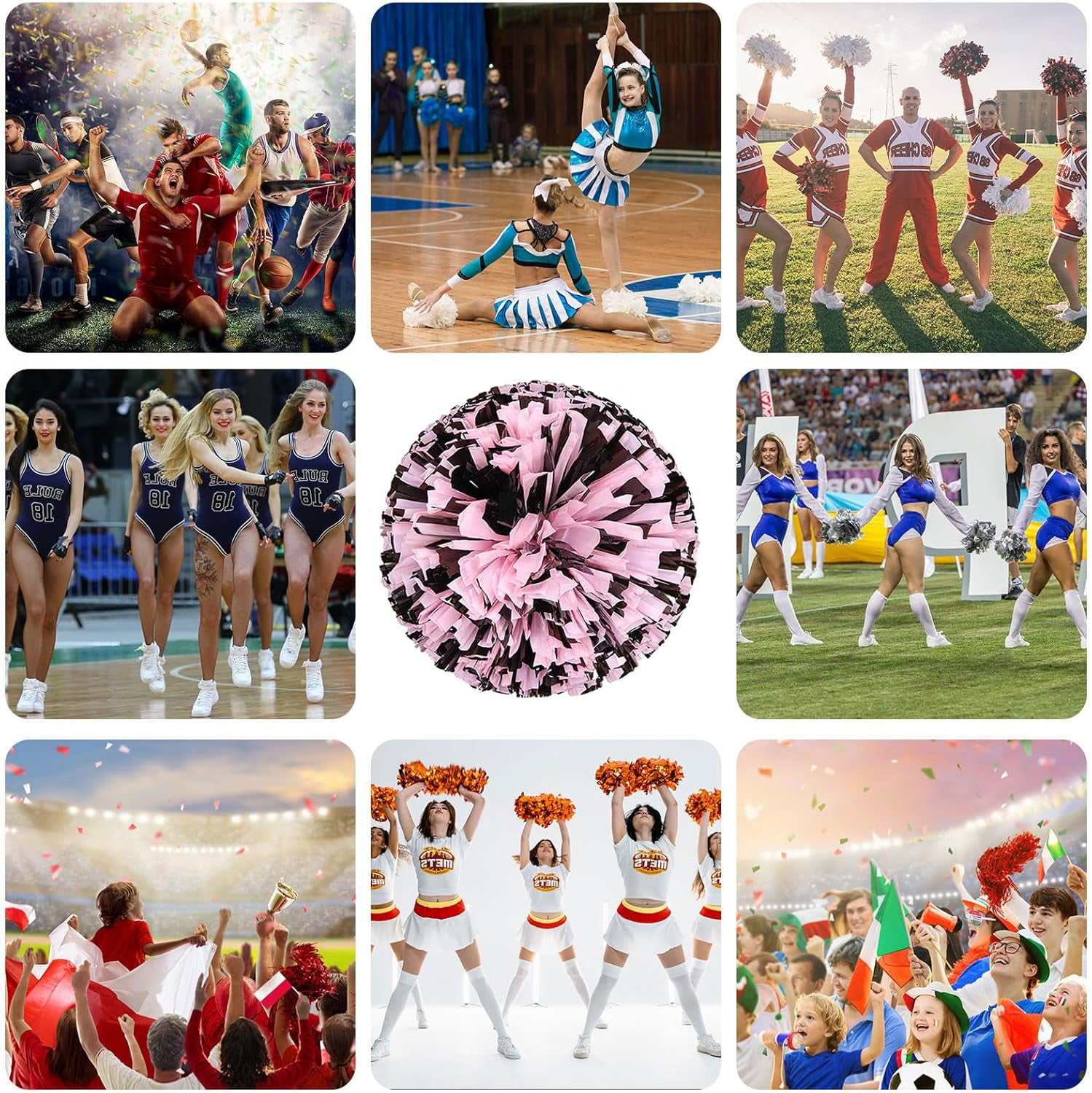 Cheerleader Pom Poms 12 Pack Sports Dance Cheering Plastic Metallic Cheerleading Pom Poms for Kids Adults-Ring Style