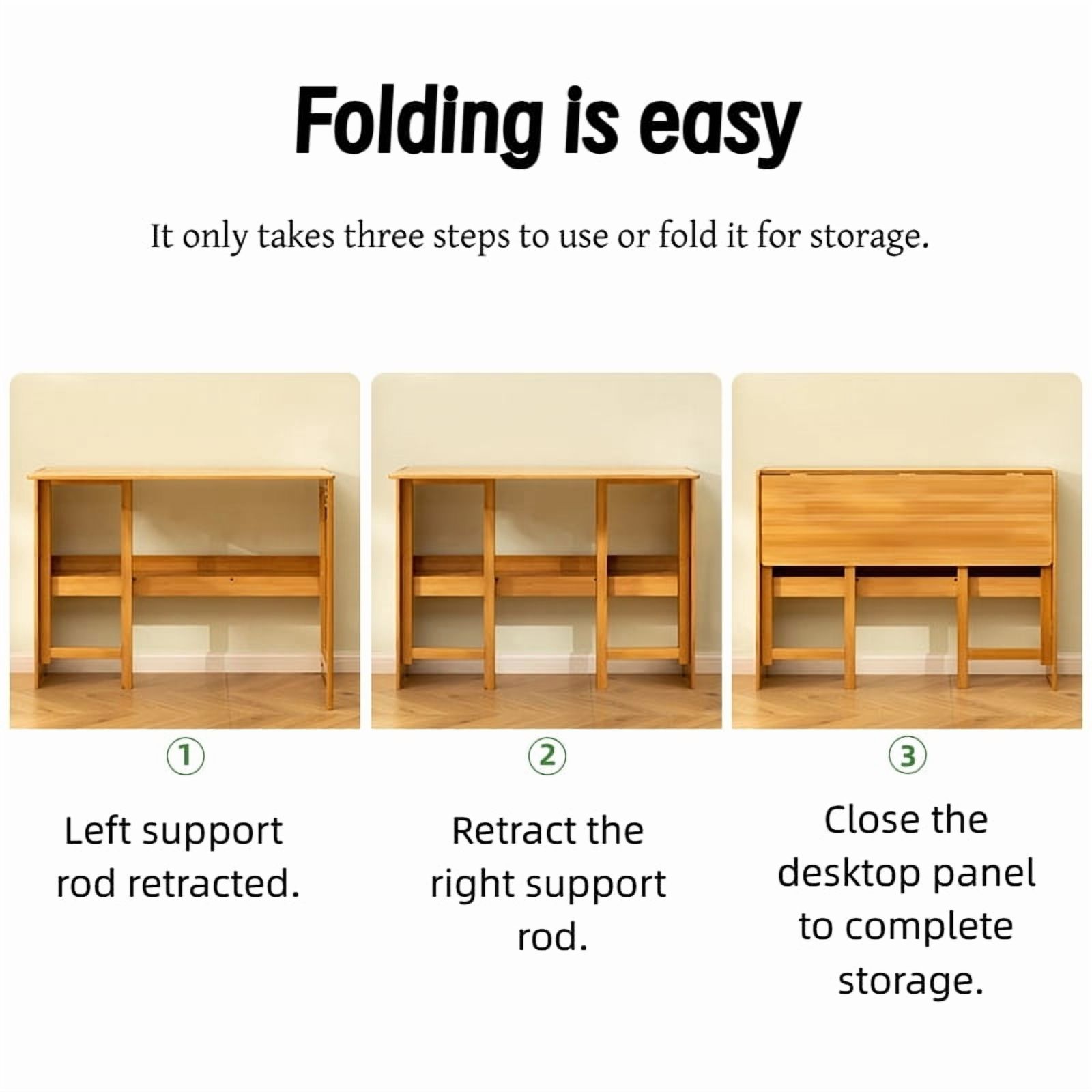 Bamboo Folding Desk, Space-Saving Foldable Computer Study Table with Storage Shelves for Bedroom Home Office Dorm Apartment