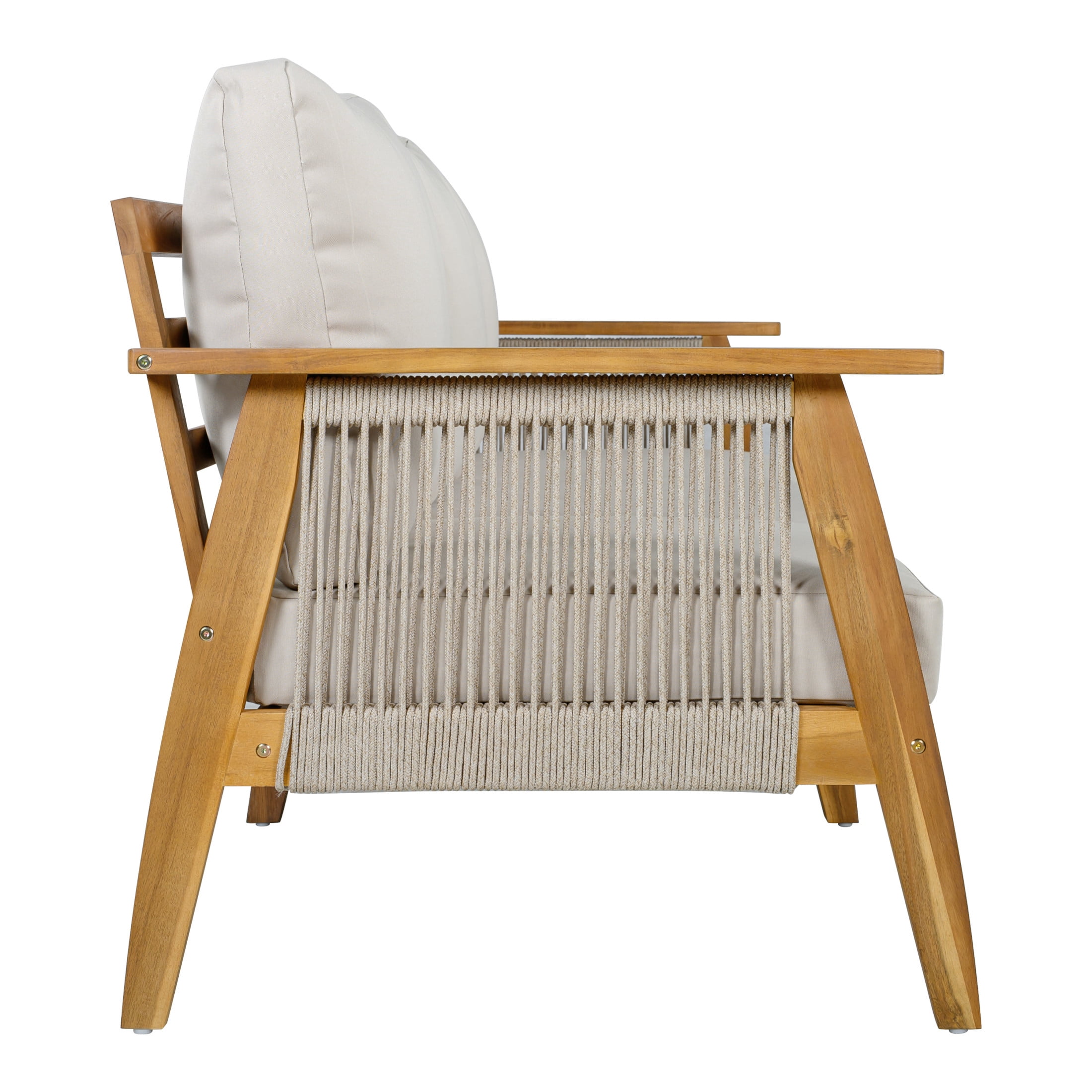 Christopher Knight Home Outdoor Acacia Wood 3-Seater Sofa, Rope Woven Frame with Cushions, Teak+Beige