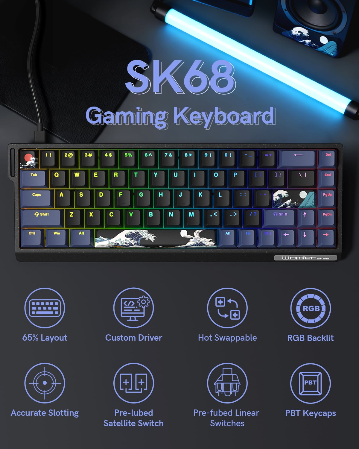 SK68 65% Gaming Keyboard, Wired Backlit Mini Keyboard w/100% Hot-Swap Socket 68 Keys Aluminum Gaming Wired Keyboard for PC Laptop Game