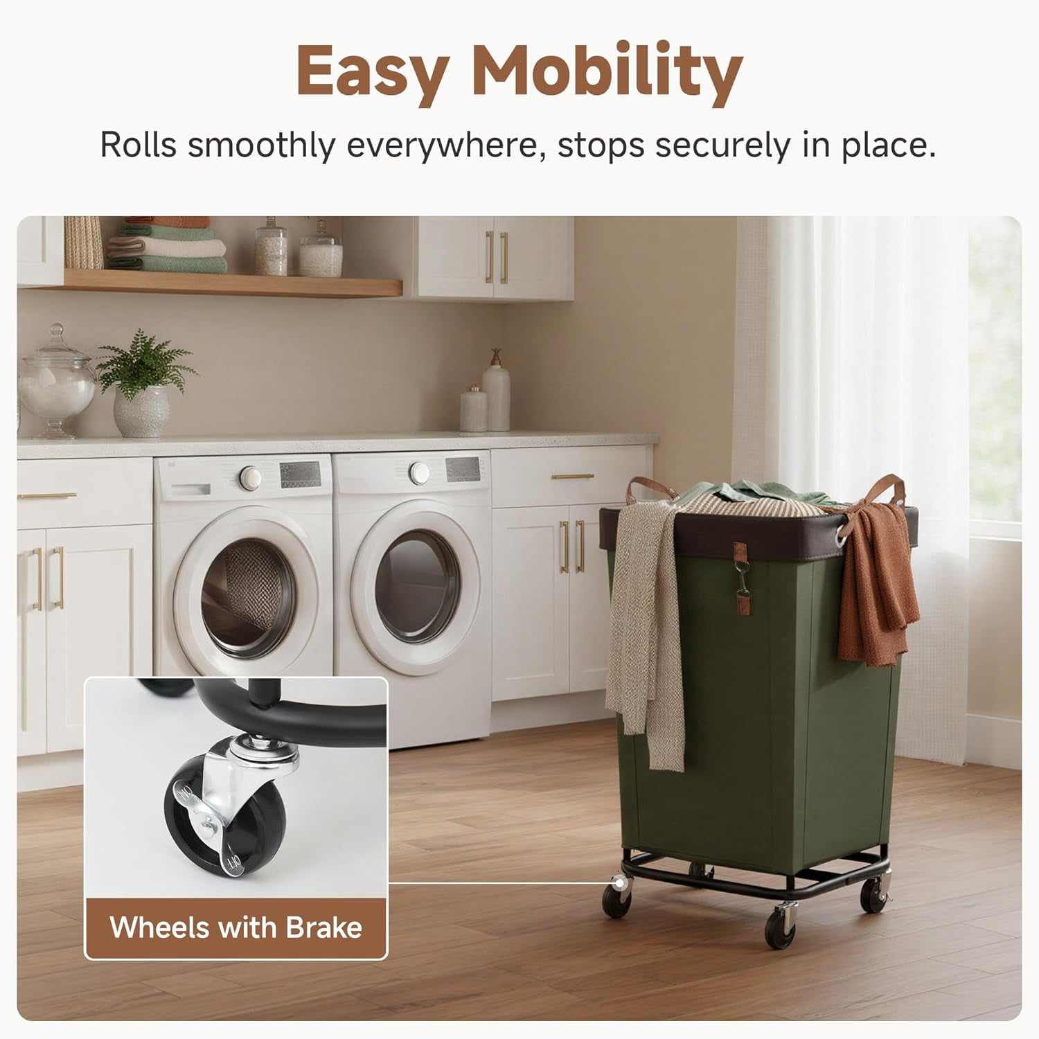 StorageWorks 160L Laundry Basket with Wheels, Large Rolling Hampers for Clothing Organizer, Dirty Clothes Basket for Hotel, Home, Closet, Dorm, Green