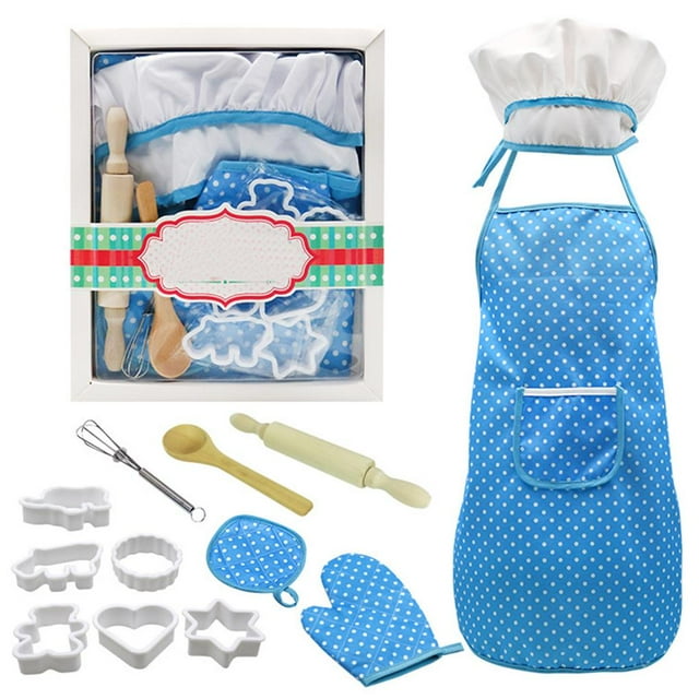 pitrice 13 Pcs Kids Chef Set Pretend Role-play Cooking Toy Kids Baking Set Includes Baking Aprons Chef Hat Oven Wood Spoon Set