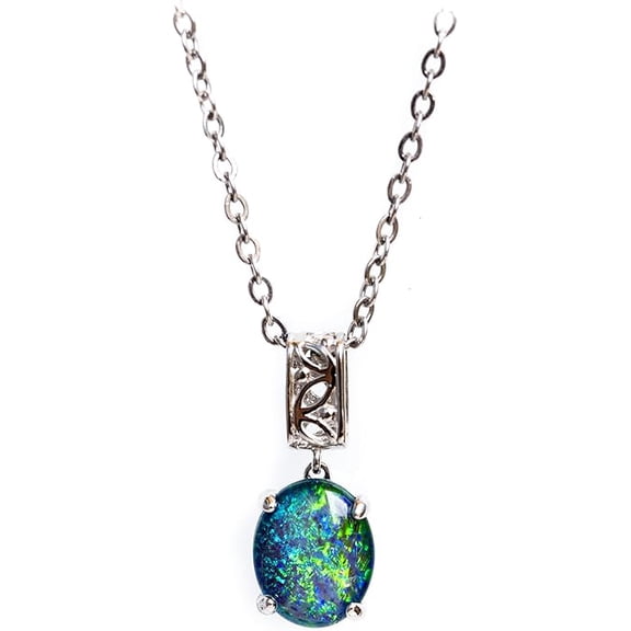 Australian Triplet Opal Necklace - 14x10mm FireOpal - Genuine Triplets Opal Necklace Pendant in Sterling Silver White Gold Plated Women's Jewelry