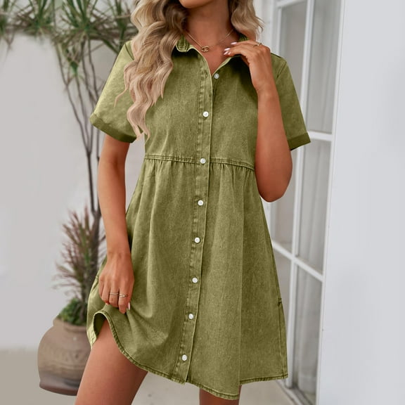 Roncen Women's Solid Denim Dress - Casual Short Sleeve Button-Down Collar, Comfortable Loose Fit Cotton Blend Shift Dress for Summer Daily Wear