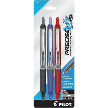 Pilot Precise V7 RT Retractable Rolling Ball Pens, Fine Point (.7mm), 3-Pack, Black/Blue/Red Inks (26059), Premium Comfort Grip, Patented Precision Point Technology for Smooth
