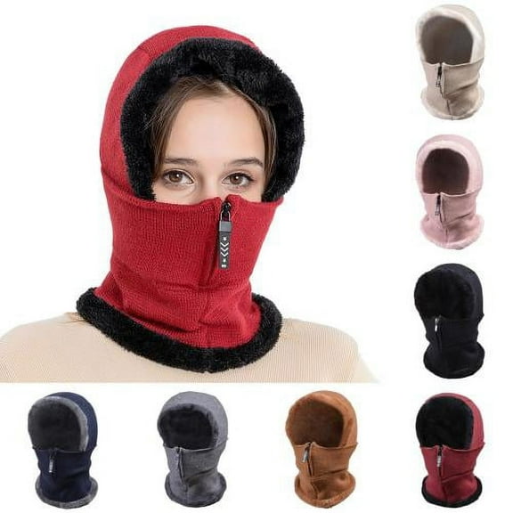 Zhaomeidaxi Ladies Neck Warmth, Zipper Design, Scarf, Hat, One-piece Plush Lining, Knitted Acrylic Fiber, Winter Cold and Warmth