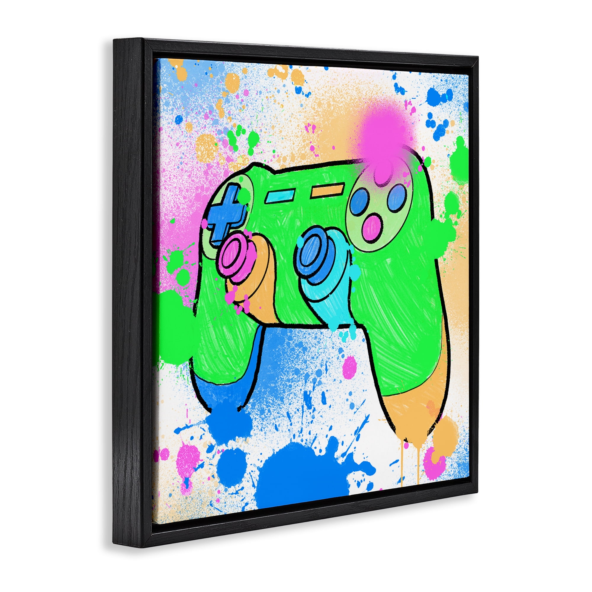 Stupell Industries Splattered Game Controller Entertainment Painting Black Floater Framed Canvas Art Print Wall Art, 18 x 18