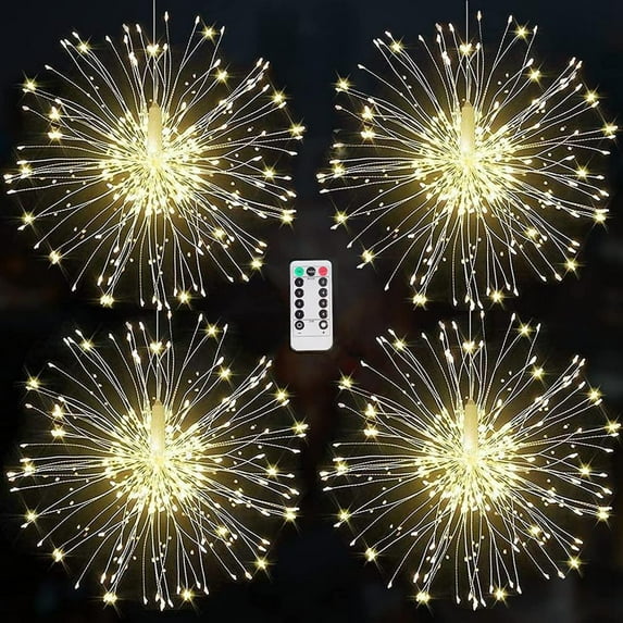 Aonesy Firework Hanging Lights, 8 Modes Dimmable String Fairy Lights with Remote Control 4 Packs Starburst Lights for Christmas, Warmwhite