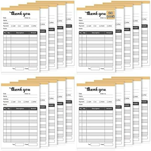 20 Pack Thank You Receipt Book, 2 Part Carbonless Sales Invoice Book, 3.5 x 5.5 Inch, 50 Set Each Pad, Sales Receipt Form for Small Business Store Warehouse Office Restaurant$$Office