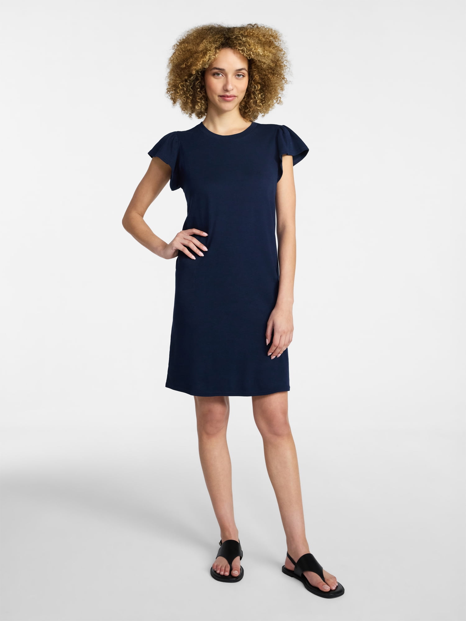 Time and Tru Women's Cotton T-Shirt Mini Dress with Short Flutter Sleeves, Sizes XS-XXXL