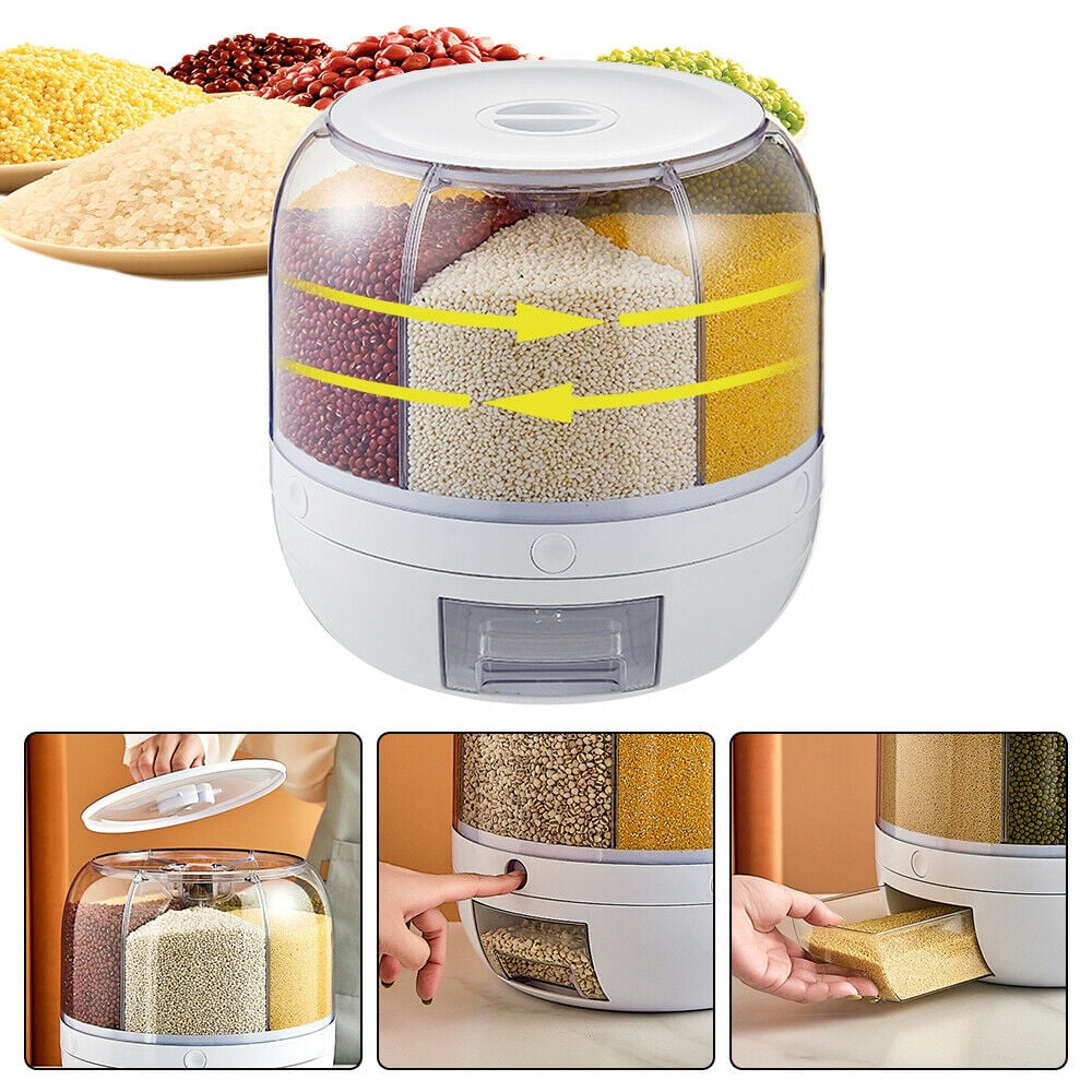 TOPINCN Rice Dispenser, Rotating Dry Food Dispenser PP Plastic Kitchen  Grain Storage Container with 6 Compartments Holder for Rice and Beans  (White)