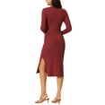 thumbnail image 3 of Vestido de suéter midi de punto ajustado con cuello en V y frente retorcido de manga larga para mujer, corte lateral, talla XL, color rojo vino, 3 of 6