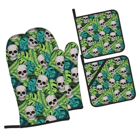 

Balery Skull and Palm Leaves Pattern Oven Mitts and Pot Holders 4 pcs Set Kitchen Oven Glove High Heat Resistant 500℉ Oven Mitts with Non-Slip Silicone Surface